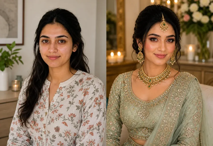 Before and after bridal makeup transformation showing visible results and real confidence at Glamour Beauty Hub Wayanad.