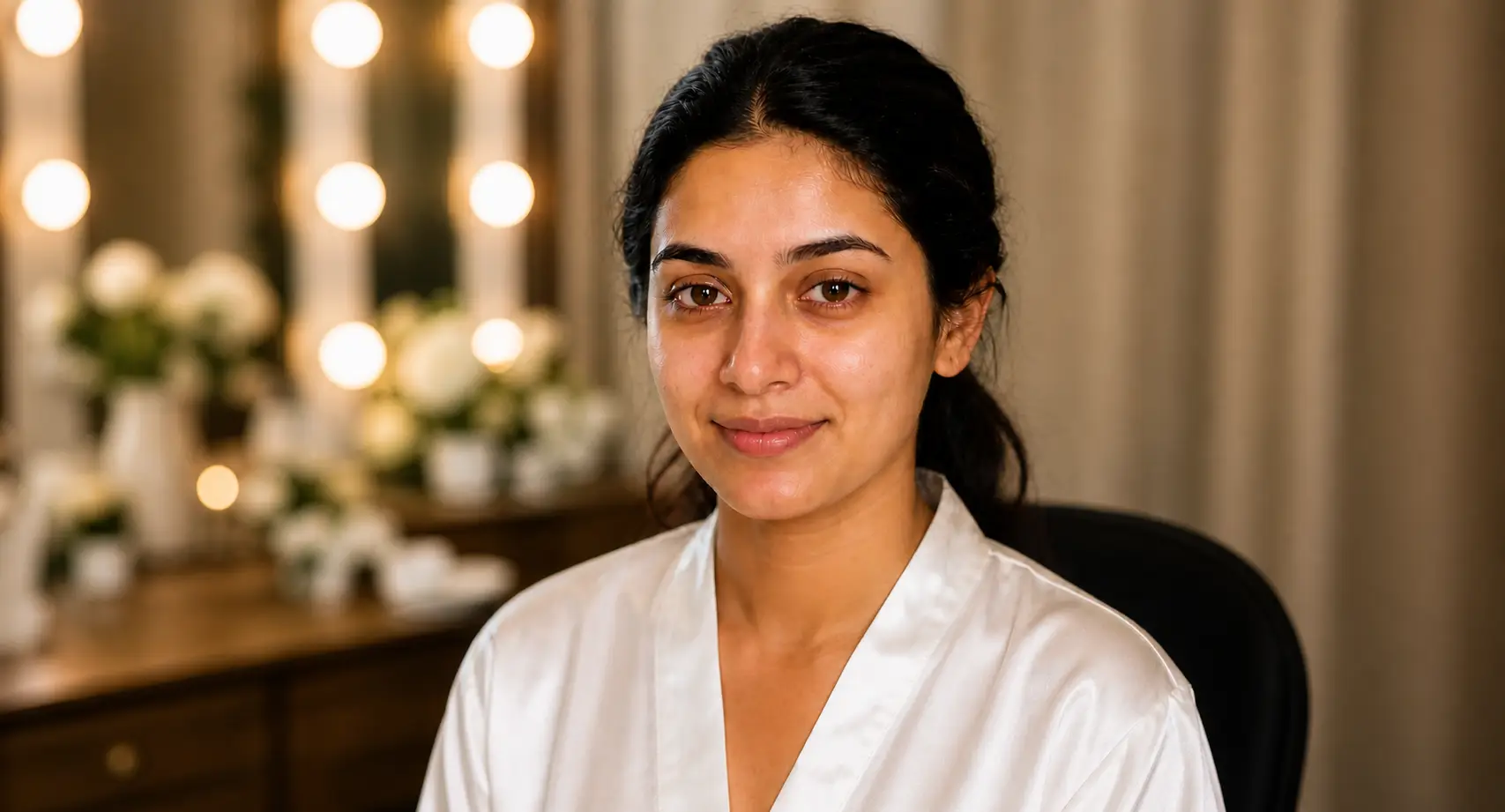 A woman before her bridal makeup session at Glamour Beauty Hub Wayanad, showcasing a natural look for a visible results transformation.