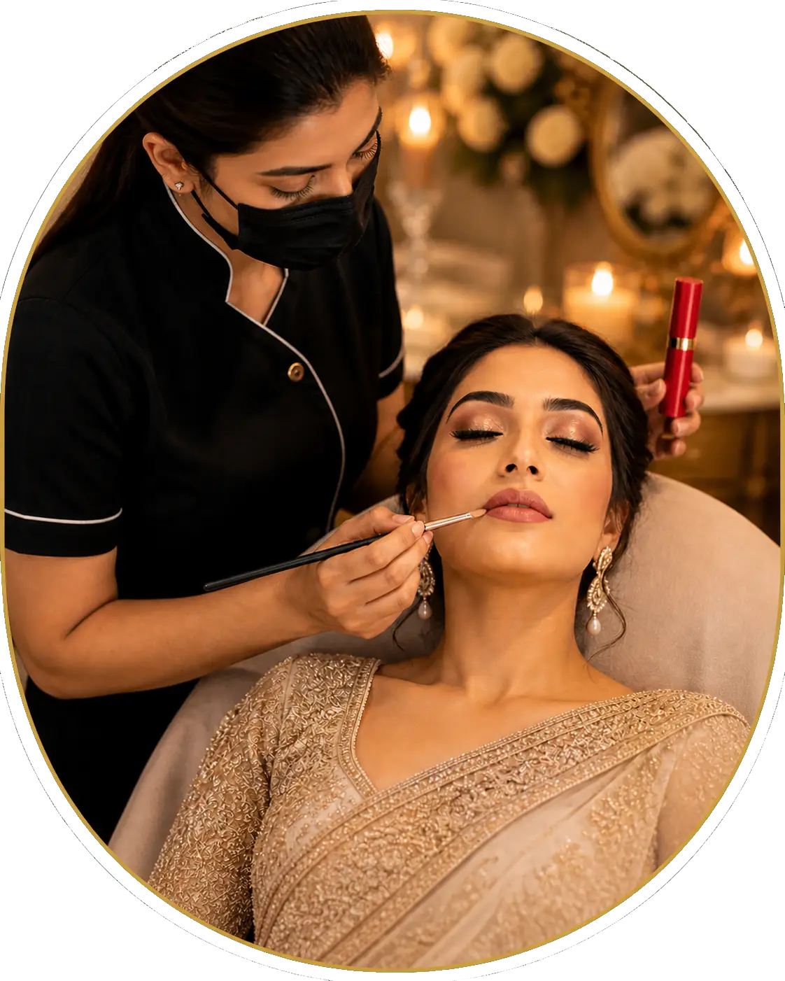 Image File Name complete_beauty_care_solutions_panamaram_wayanad  Alt Tag Professional makeup artist applying lipstick to a bride at Glamour Beauty Hub