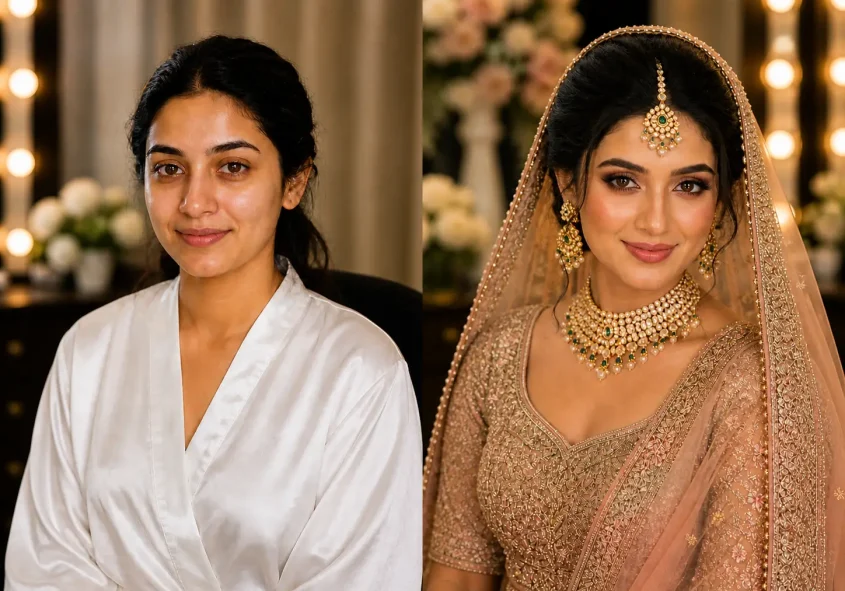 Professional bridal makeup artist results in Wayanad featuring traditional Indian bridal looks and skin transformation.
